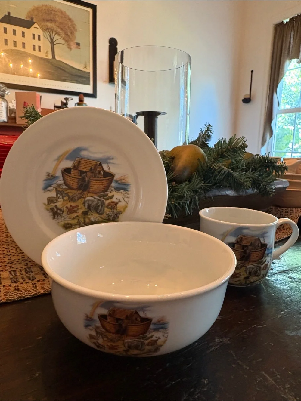 Noah's Ark Ceramic Dinnerware Set - White with Multicolor Ark Illustration